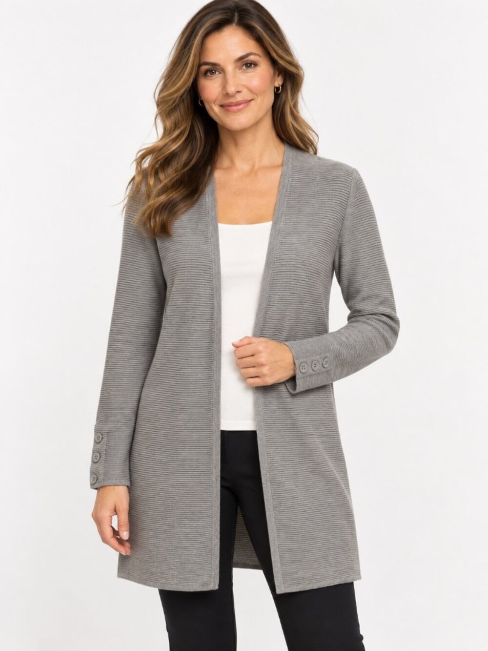 Talbots Petite MP Light Gray Longline Open Front Knit Cardigan Cotton Modal NWOT